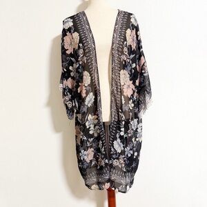 Unity World Wear Floral Crochet Lace Trim Kimono Cardigan